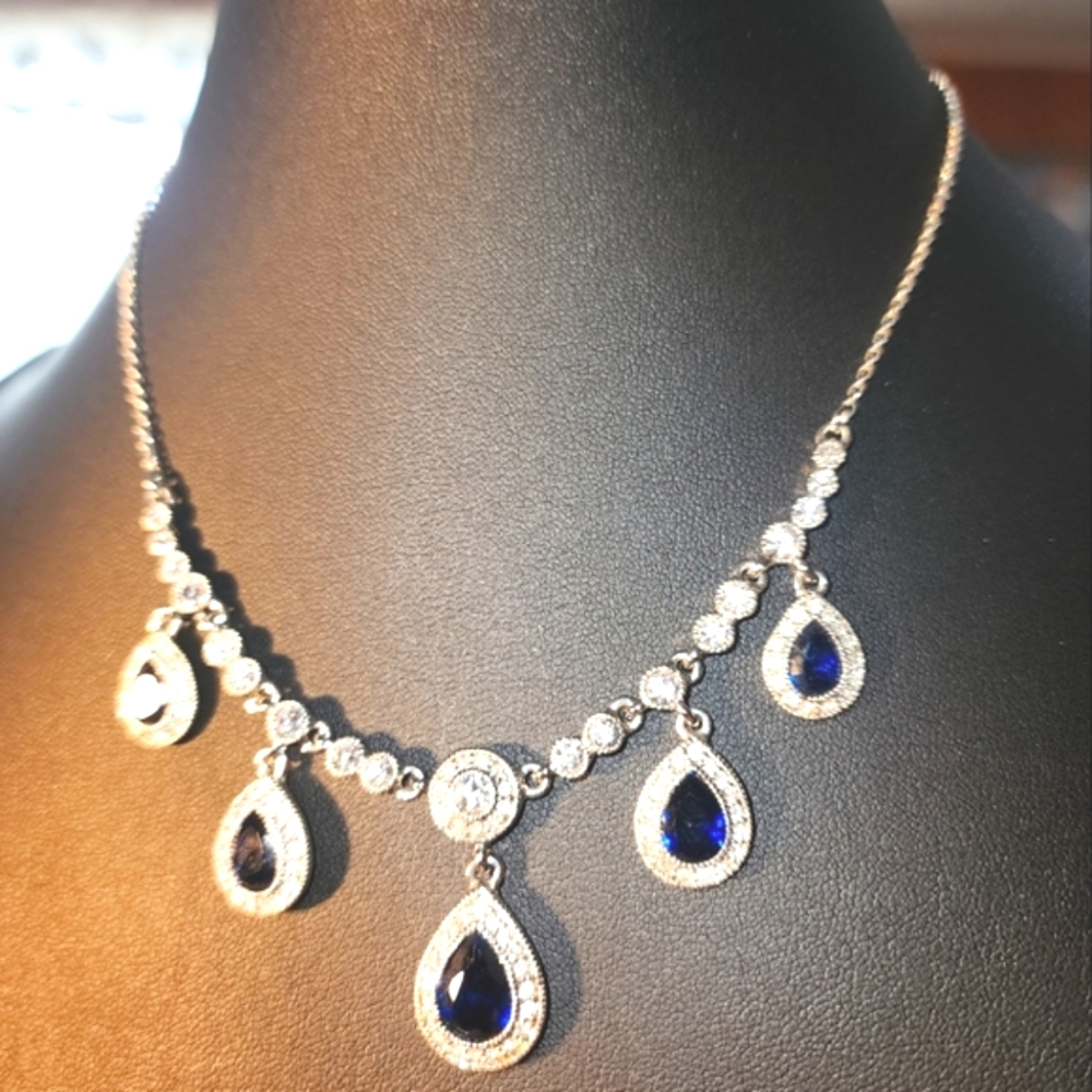Carolee Silvertone Blue & Clear Rhinestone Tear Drop Necklace 16" + 2"